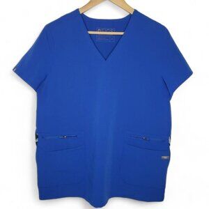 Figs Scrub Top Women's Blue Accra Limited Feather 6 Pocket Stretch V Neck M